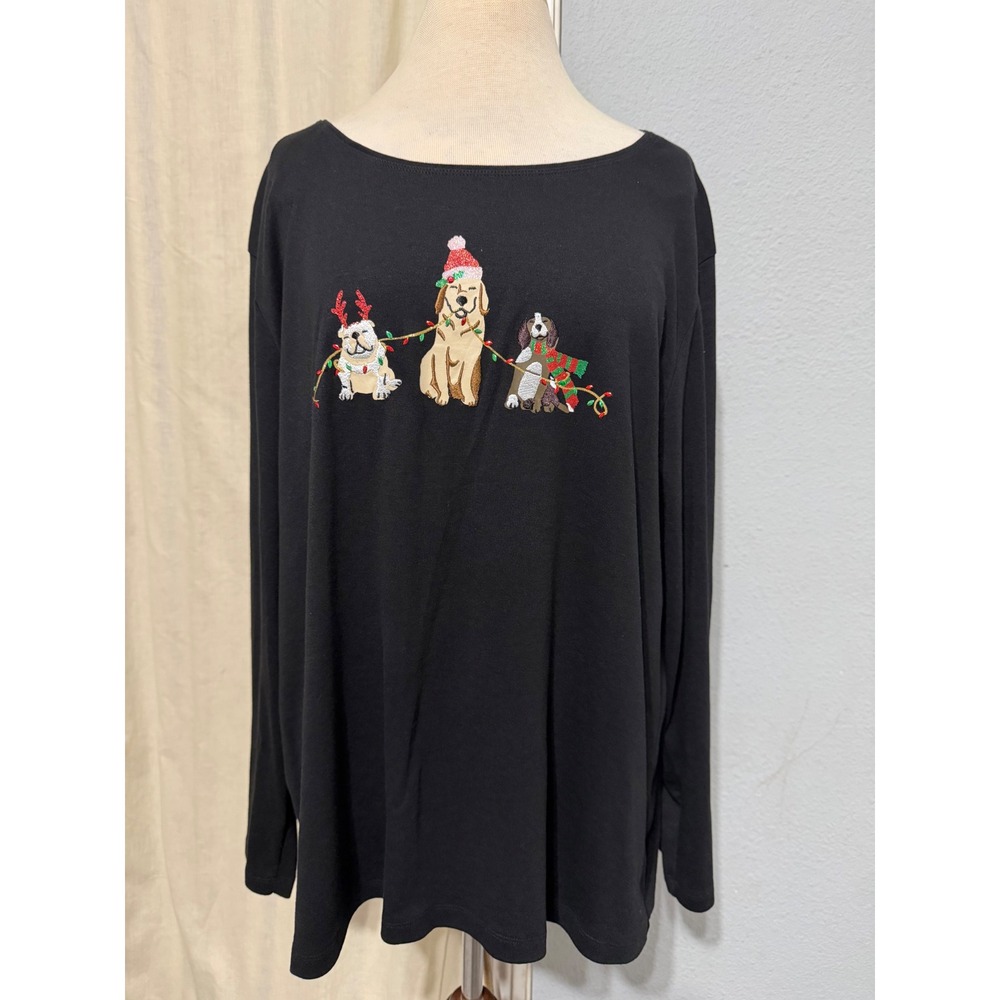 Karen Scott Womens 3X Black Holiday Dog Embroidered Long Sleeve Scoop Neck Top